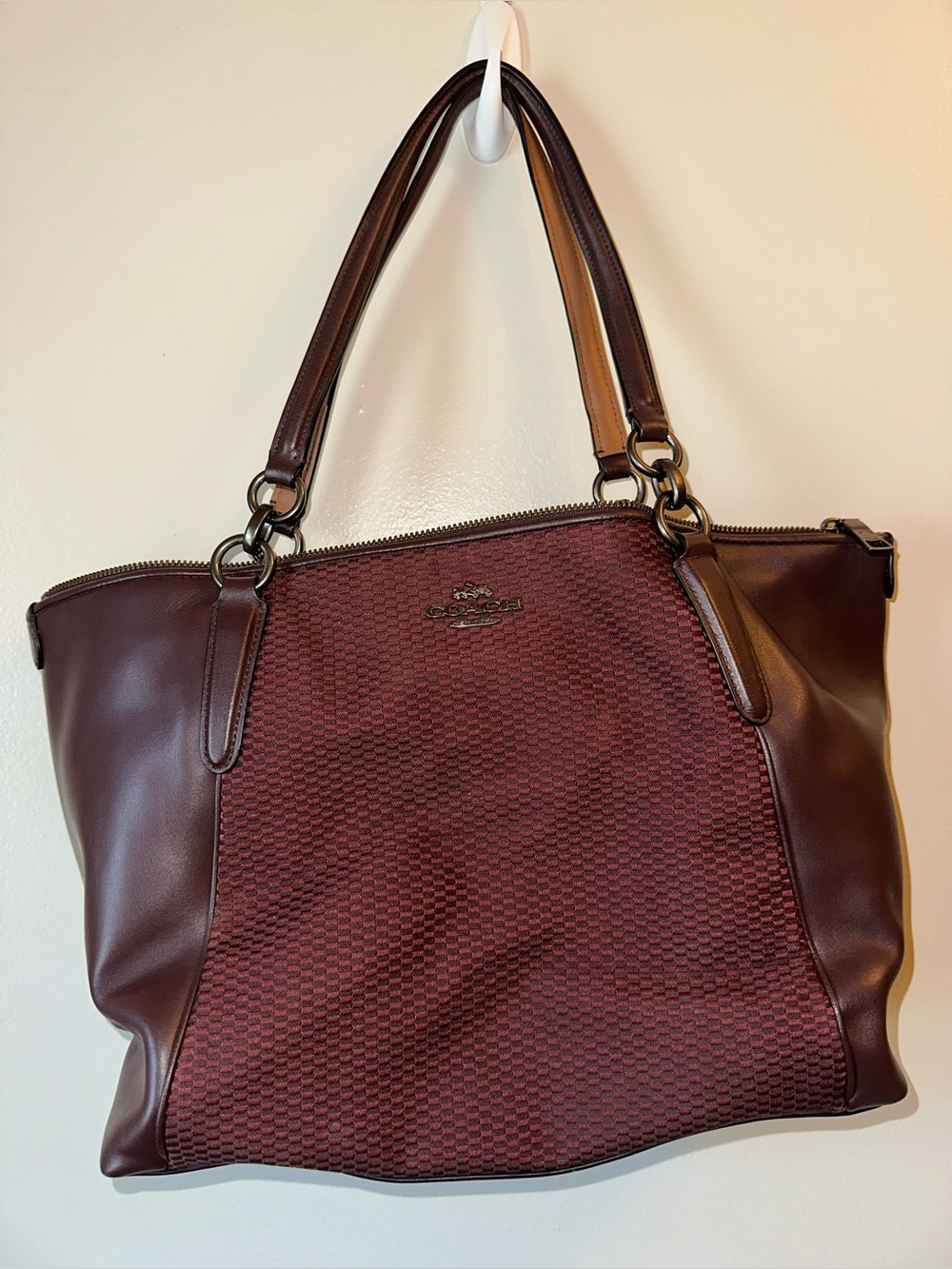 Coach Burgundy Textured Tote with Leather Trim